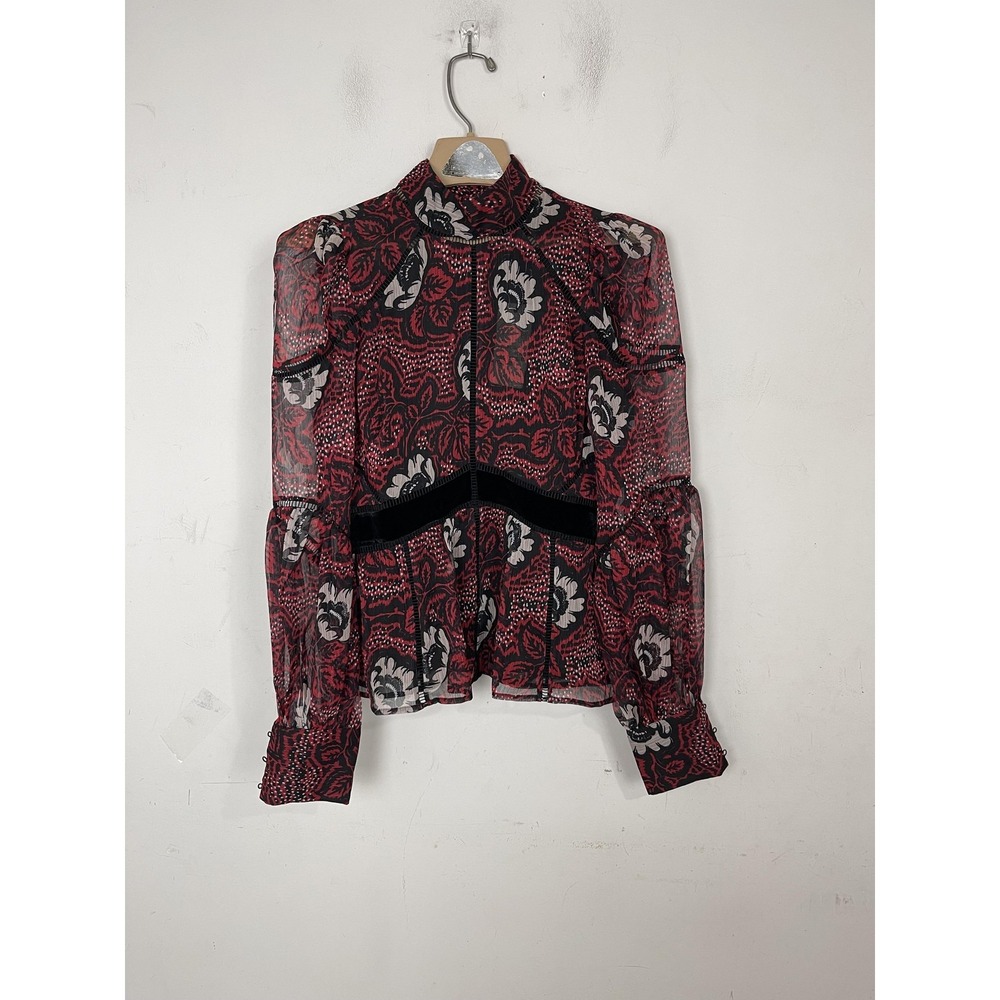 Ted Baker Blouse Womens 2 Sheer Red Black Floral Gothic Whimsigoth Button Cuff